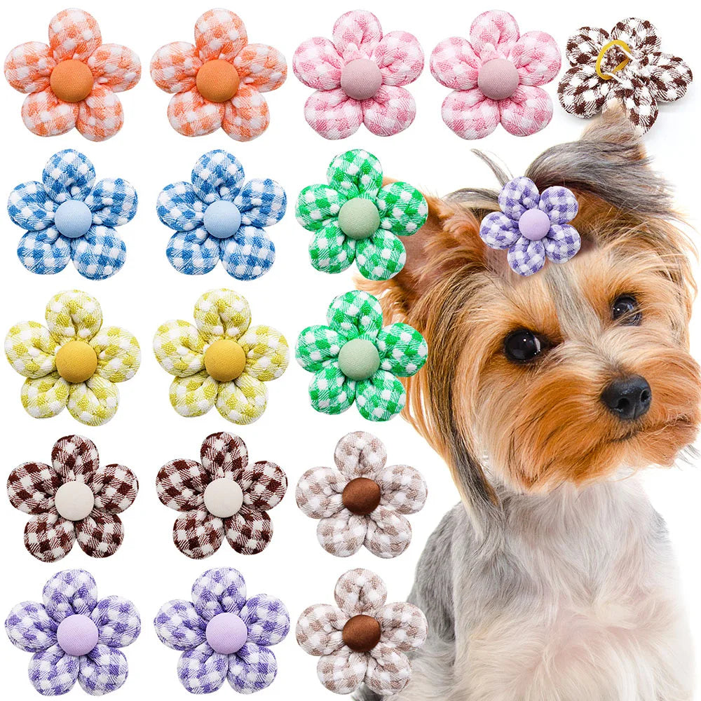 20PCS Pet Bows Flowers Shape Hair Accessories Handmade Dog Bows with Rubber Bands Bowknot for Dogs Pet Grooming Products