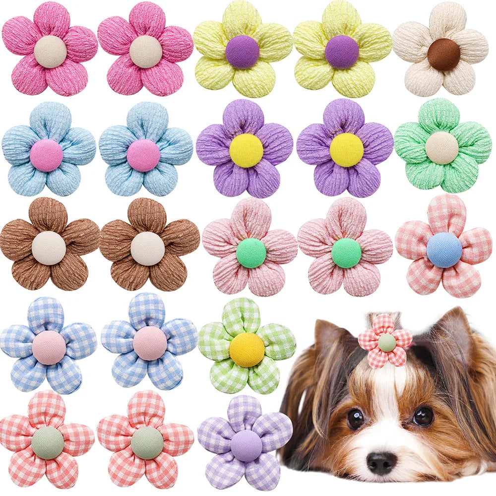 20PCS Pet Bows Flowers Shape Hair Accessories Handmade Dog Bows with Rubber Bands Bowknot for Dogs Pet Grooming Products