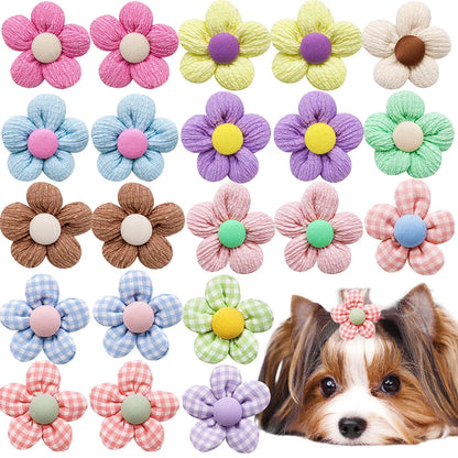 20PCS Pet Bows Flowers Shape Hair Accessories Handmade Dog Bows with Rubber Bands Bowknot for Dogs Pet Grooming Products