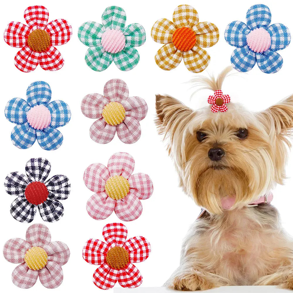 20PCS Pet Bows Flowers Shape Hair Accessories Handmade Dog Bows with Rubber Bands Bowknot for Dogs Pet Grooming Products