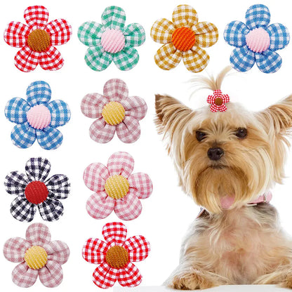 20PCS Pet Bows Flowers Shape Hair Accessories Handmade Dog Bows with Rubber Bands Bowknot for Dogs Pet Grooming Products