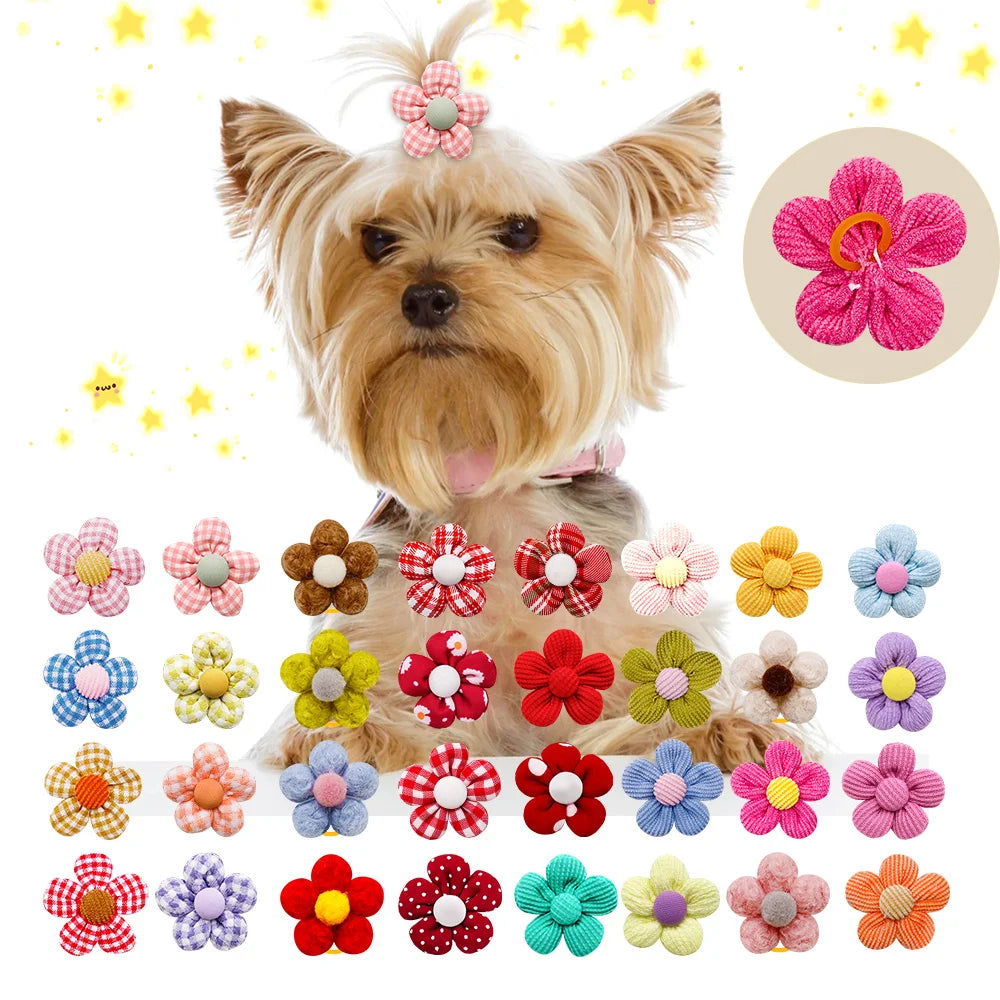 20PCS Pet Bows Flowers Shape Hair Accessories Handmade Dog Bows with Rubber Bands Bowknot for Dogs Pet Grooming Products