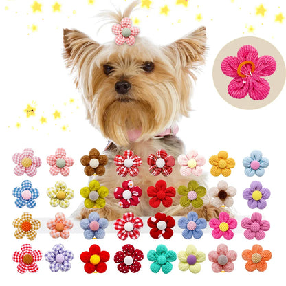 20PCS Pet Bows Flowers Shape Hair Accessories Handmade Dog Bows with Rubber Bands Bowknot for Dogs Pet Grooming Products