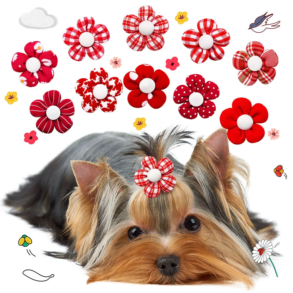 20PCS Pet Bows Flowers Shape Hair Accessories Handmade Dog Bows with Rubber Bands Bowknot for Dogs Pet Grooming Products